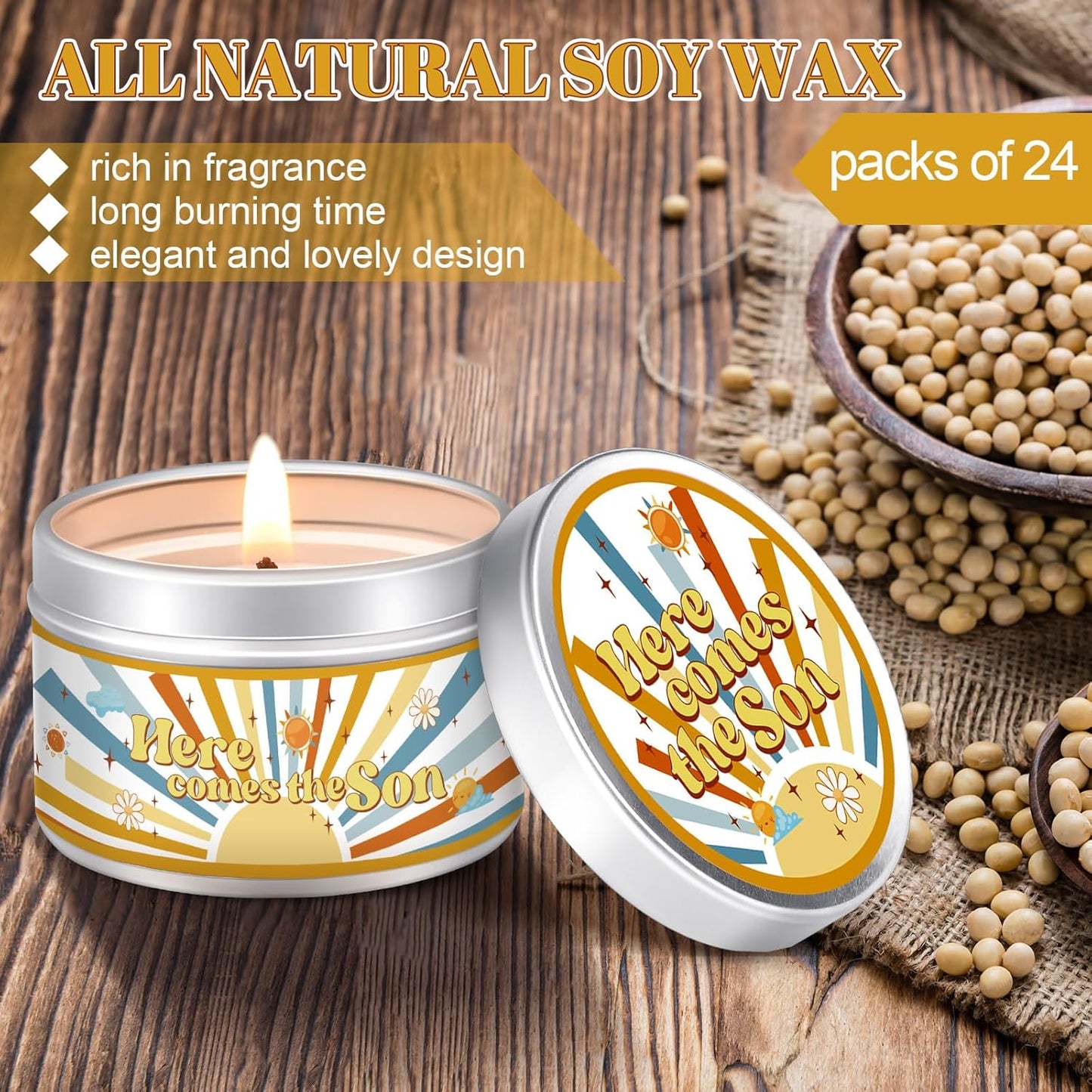 MTLEE 24 Pcs Here Comes The Son Baby Shower Party Favors Candles Lavender Scented Baby Shower Favors for Guests Rustic Tealights Candles Gender Reveal Return Gifts Girl Boy(1.2 Oz, Yellow)