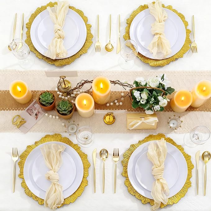 EI 6pcs Gold Charger Plates for Dinner,Gold Chargers Heavy Duty,Round Reef Table Charger Plastic Decorative Plate,Plastic Chargers with Reef Design For Wedding,Party,Afternoon Tea,Valentine's Day