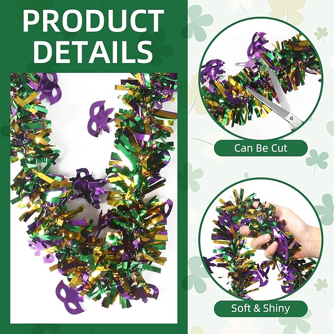 50 Feet Mardi Gras Tinsel Gold Green Purple Christmas Tree Tinsel Garland Metallic Twisted Hanging Garland for Mardi Gras Oktoberfest Birthday Party Decoration, B