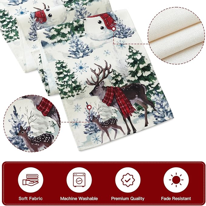 Artscope Reindeer Snowman Christmas Tree Table Runner, Xmas Winter Snowflakes Holiday Kitchen Dining Table Decoration for Christmas Home Party Decor 13x72 Inch-Beige