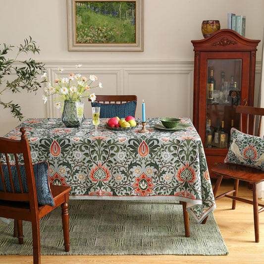 ISAENNE Designer Bohemian Linen Green Small Rectangular Tablecloth,Floral Indoor Table Cloth,Stain Resistant Decor Tablecloths for Dining Thanksgiving Kitchen Party Christmas,55"*71"-Naples