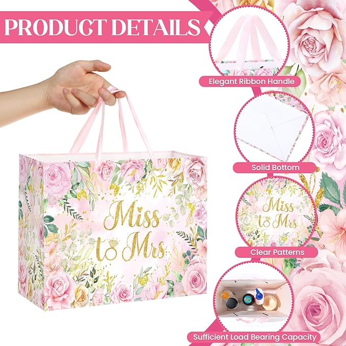 Yomaiha Floral Bridal Shower Gift Bag Wedding Miss to Mrs Gifts Bag with Tissue and Card Bridal Shower Gift Wrapping Paper Pink Flower Wedding Bride Engagement Bachelorette Party Supply Decorations