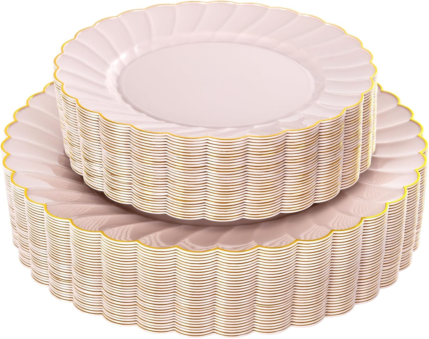 YOUBET 60PCS Pink Scalloped Plastic Plates - Hard Pink and Gold Fancy Disposable Plates include 30 Gold Dinner Plate, 30 Dessert Plate for Party & Wedding & Baby Shower