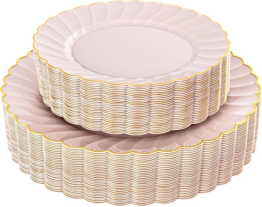 YOUBET 60PCS Pink Scalloped Plastic Plates - Hard Pink and Gold Fancy Disposable Plates include 30 Gold Dinner Plate, 30 Dessert Plate for Party & Wedding & Baby Shower