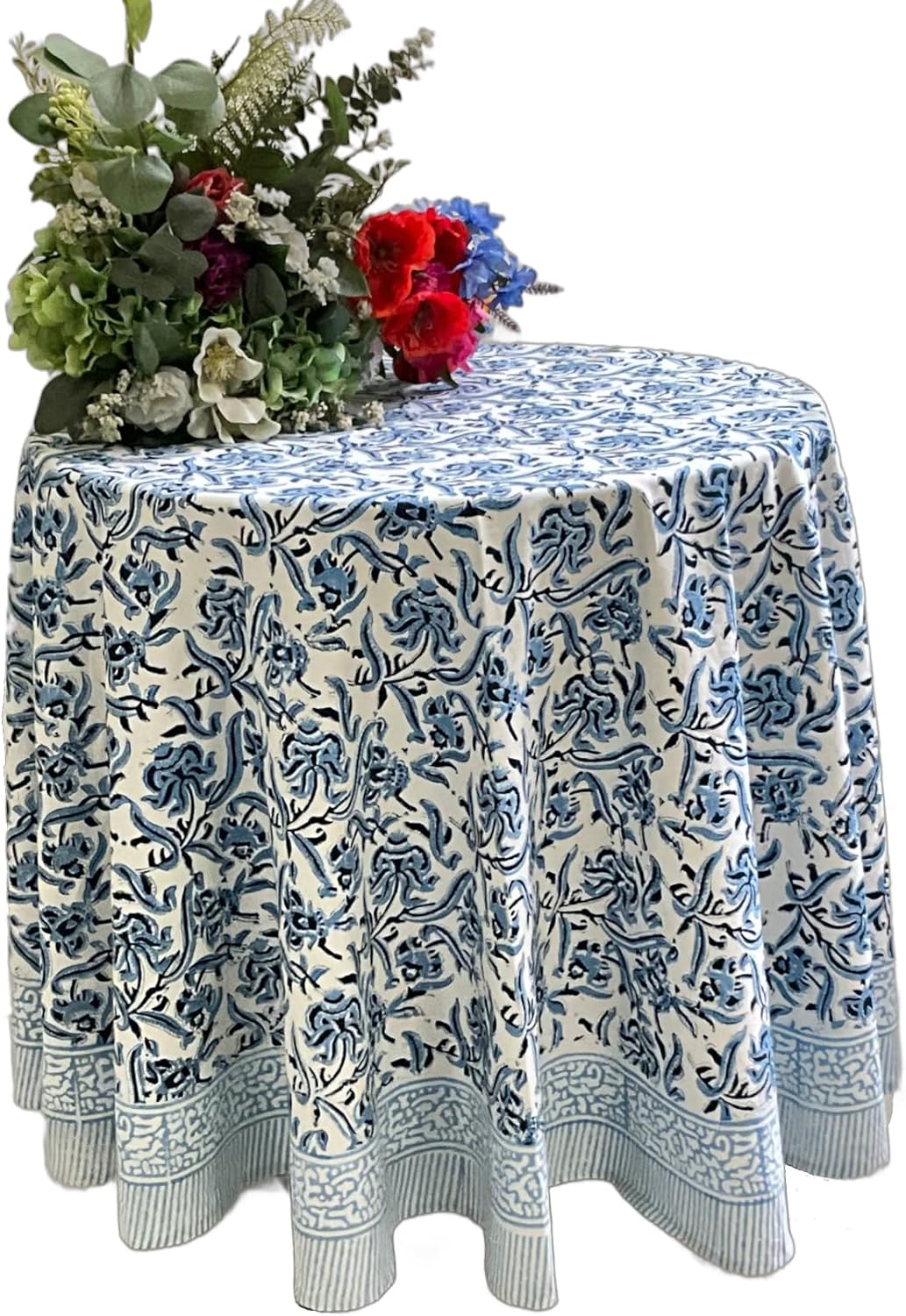 ATOSII Midnight Bloom 100% Cotton Round Tablecloth, Handblock Print Floral Table Cloth for Kitchen Dining Linen I Parties, Weddings, Outdoors, Thanksgiving, Christmas I 72" Inches Round