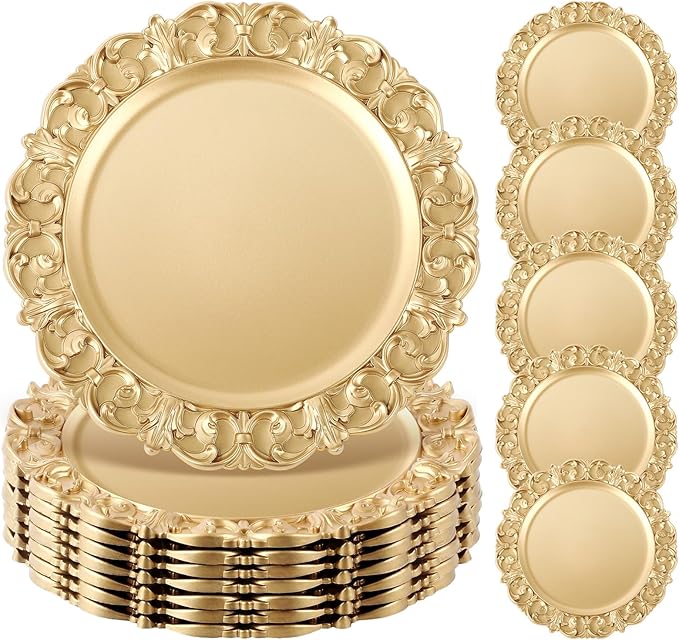 12 Pcs Vintage Gold Charger Plates Bulk 13 Inch Embossed Rim Plastic Round Decorative Plates Charger for Dinner Wedding Party Event Table Setting Decoration (Vintage)