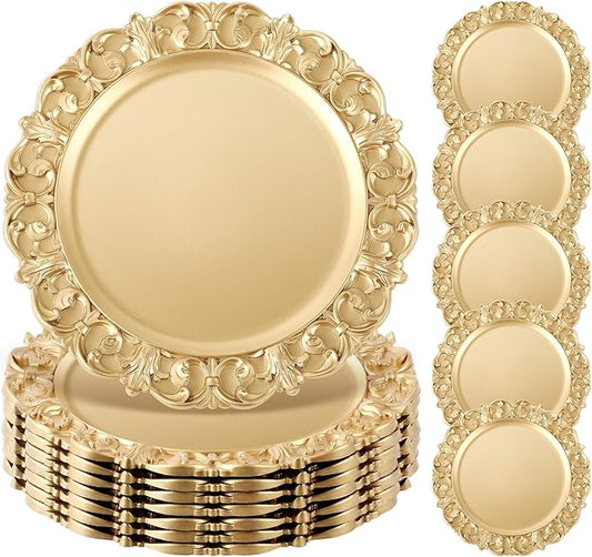 12 Pcs Vintage Gold Charger Plates Bulk 13 Inch Embossed Rim Plastic Round Decorative Plates Charger for Dinner Wedding Party Event Table Setting Decoration (Vintage)
