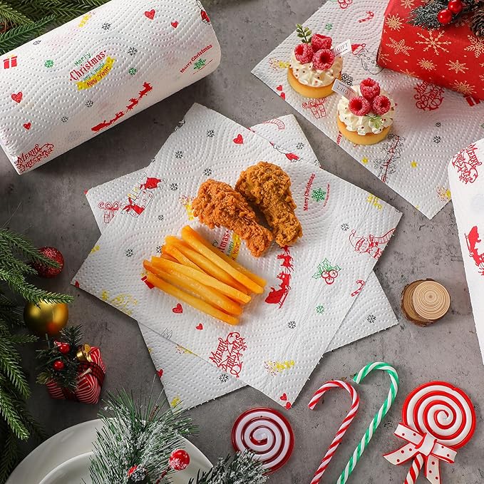 4 Rolls Christmas Kitchen Paper Towels Grease Proof Food Liner Fried Food Snacks Wrapping Paper 9 x 9 Inches for Holiday Kitchen Business Restaurant