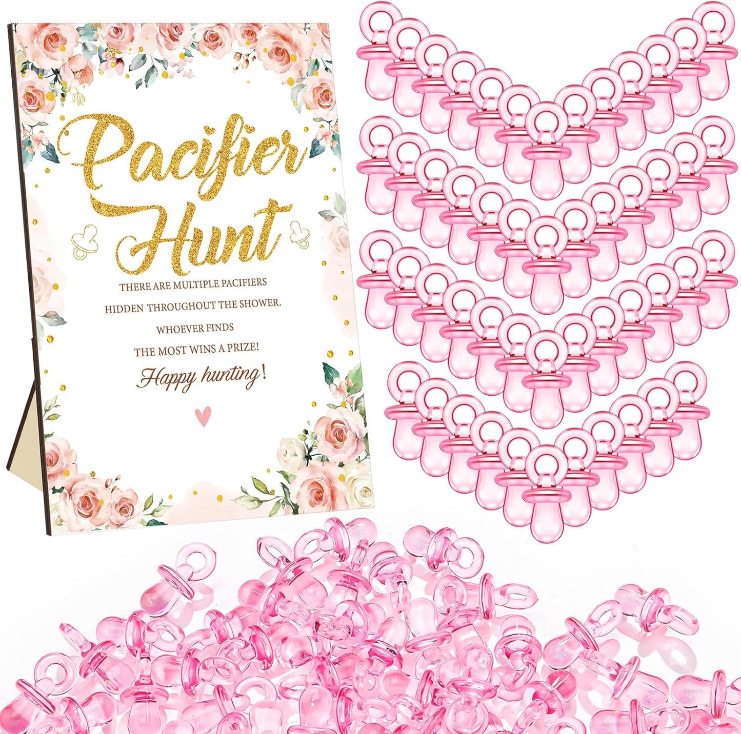 Thyle 51 Pcs Pacifier Hunt Baby Shower Games Include Hunt Sign and 50 Acrylic Pacifiers for Baby Shower Game Decoration Gift Sets Gender Reveal Party Decor(Flower)