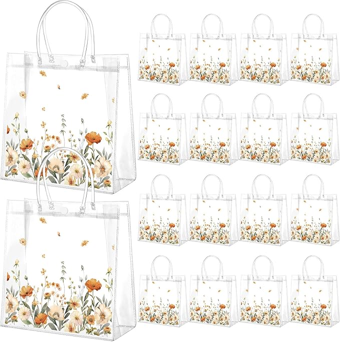 Resholder 24 Pcs Boho Flower Clear Gift Bags Wild Floral PVC Treat Tote with Handle Fall Thanksgiving Goodie Gift Bags for Wedding Birthday Baby Shower Bridal Tea Party Supplies, 8 x 8 x 3.15 Inch