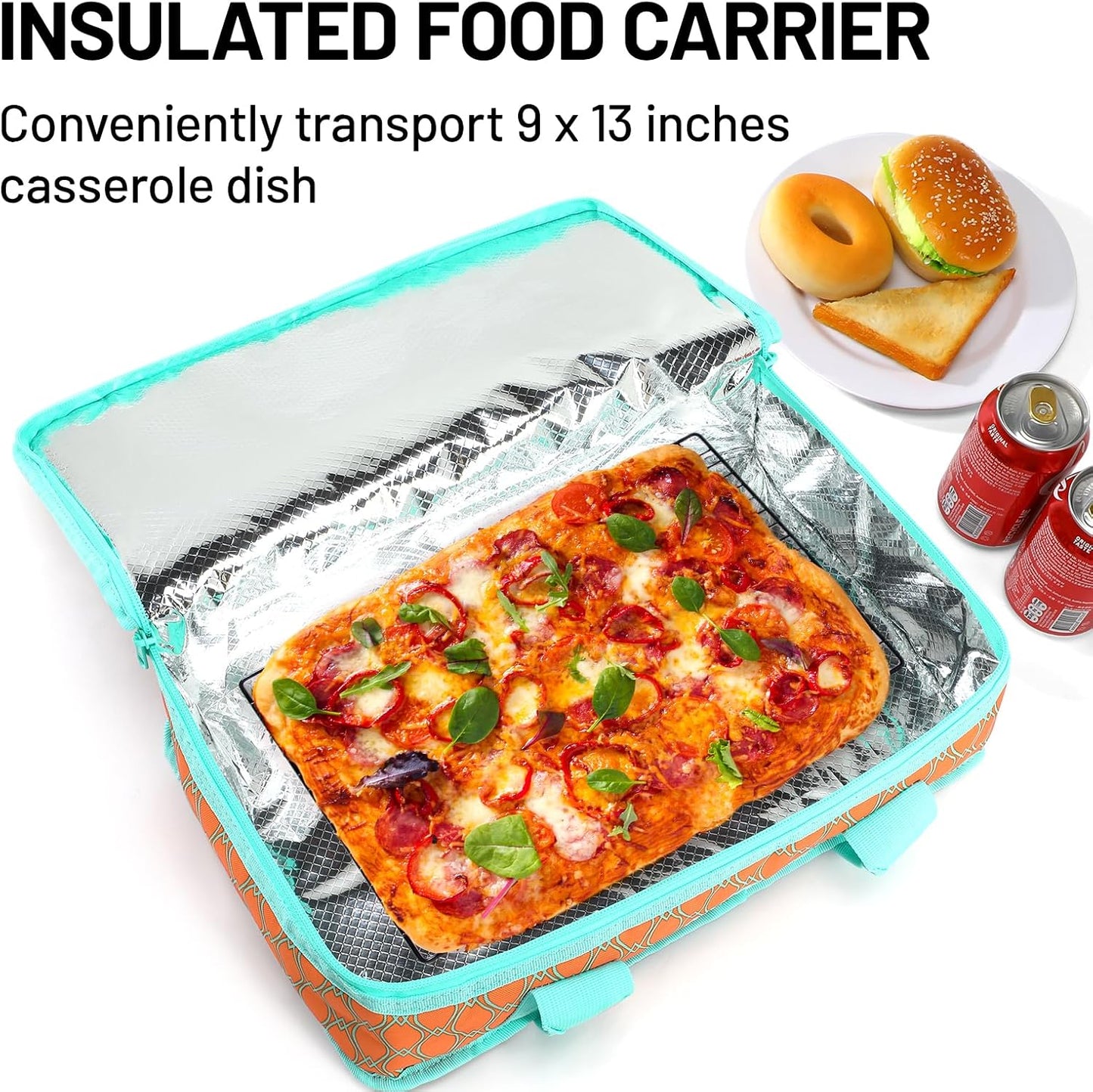 MIER Insulated Casserole Carrier for Hot or Cold Food Thermal Food Carrier Bag for Lasagna Potluck Parties Picnic Cookouts, Fits 9"x13" Baking Dish/Foil Pan, Orange