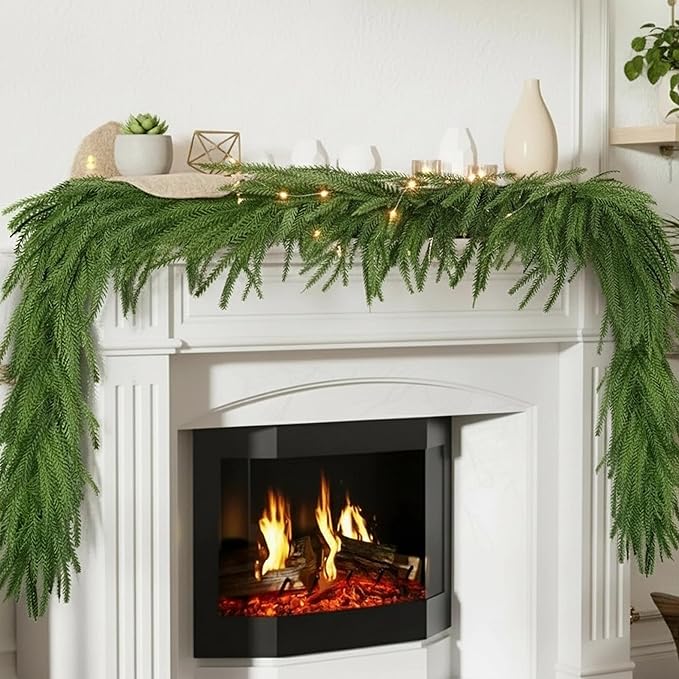 Christmas Garland 6FT Norfolk Pine, Real Touch Artificial Pine Garland for Christmas Decorations, Faux Greenery for Indoor and Outdoor Christmas Decorations