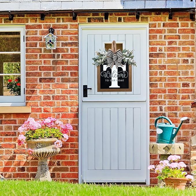 Last Name All Year Round Front Door Wreath with 26 Initial Letter Welcome Sign All Seasons Eucalyptus Garland and Bow ，Farmhouse, Porch, for Spring Summer Fall All Seasons Holiday Halloween Christmas.（T）