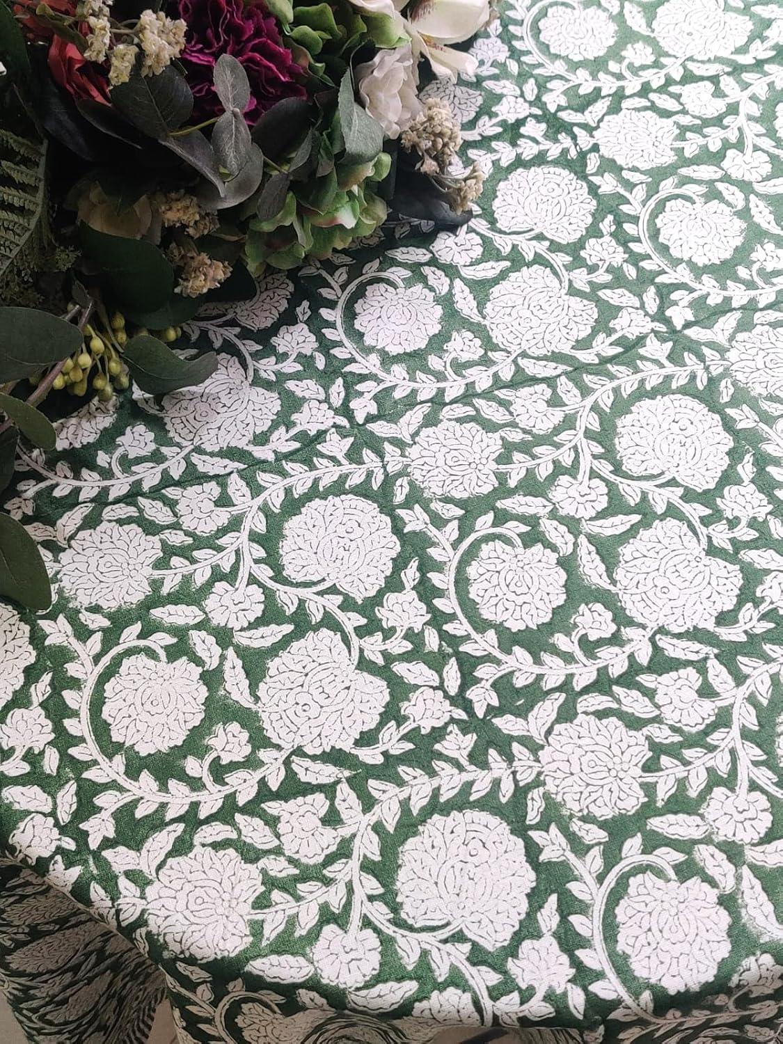 ATOSII Shalimar Green 100% Cotton Round Boho Fall Tablecloth, Handblock Floral Table Cloth Linen for Kitchen Dining I Parties Wedding Outdoors Christmas Thanksgiving I Fall Home Decor 72" Inches Round