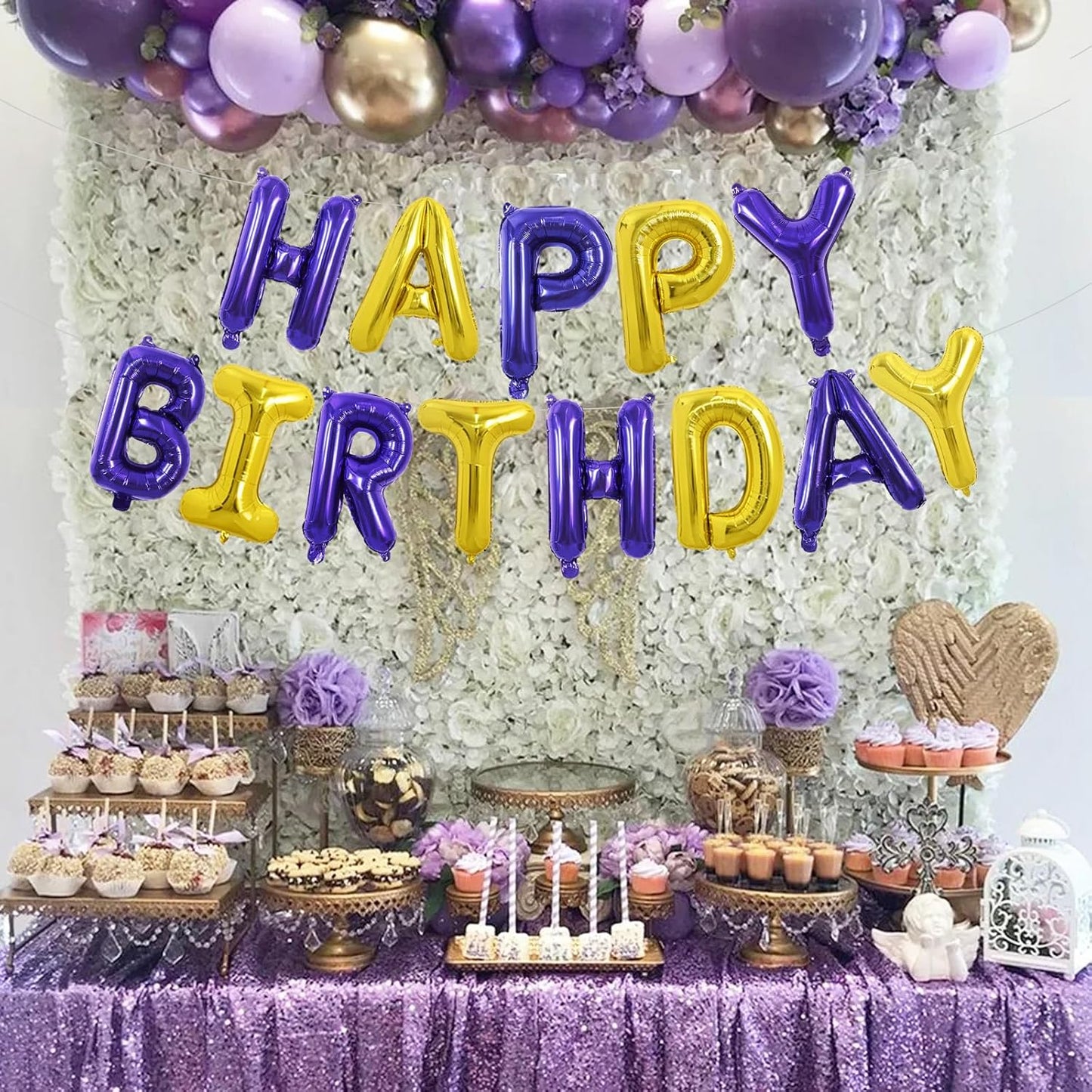 TONIFUL Happy Birthday Balloons with Ribbon Straw, 16 Inch Mylar Letters Birthday Sign Banner Bunting Reusable for Girls Boys Kids & Adults Party Decorations Supplies（Purple Gold）