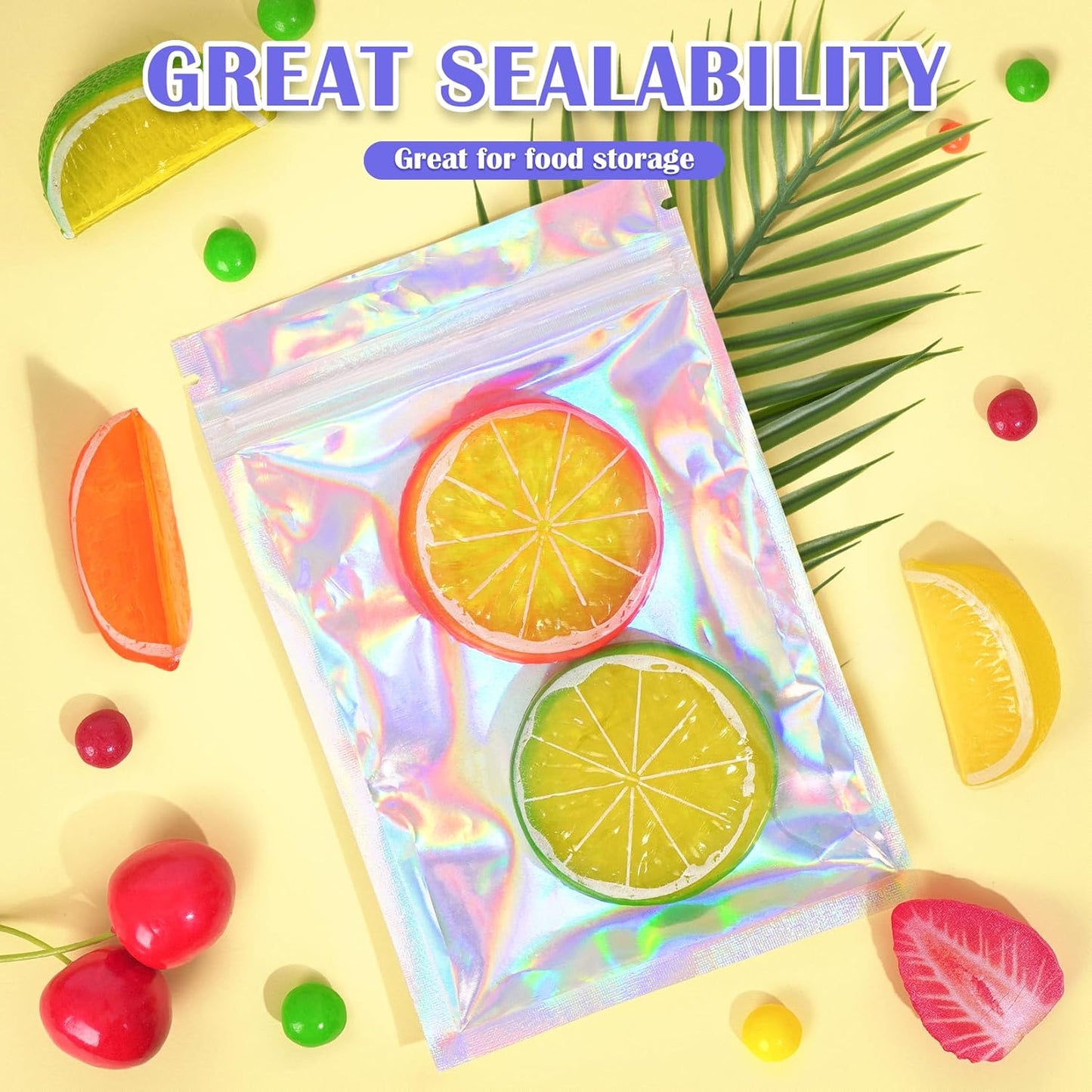 100 Pcs Holographic Mylar Bags, Smell Proof & Resealable Bag for Small Business, Freshie Bags, Sample Bag, Small Baggies Foil Pouch for Candy, Jewelry, Bracelet, Mothers Day Gift (3x5in)