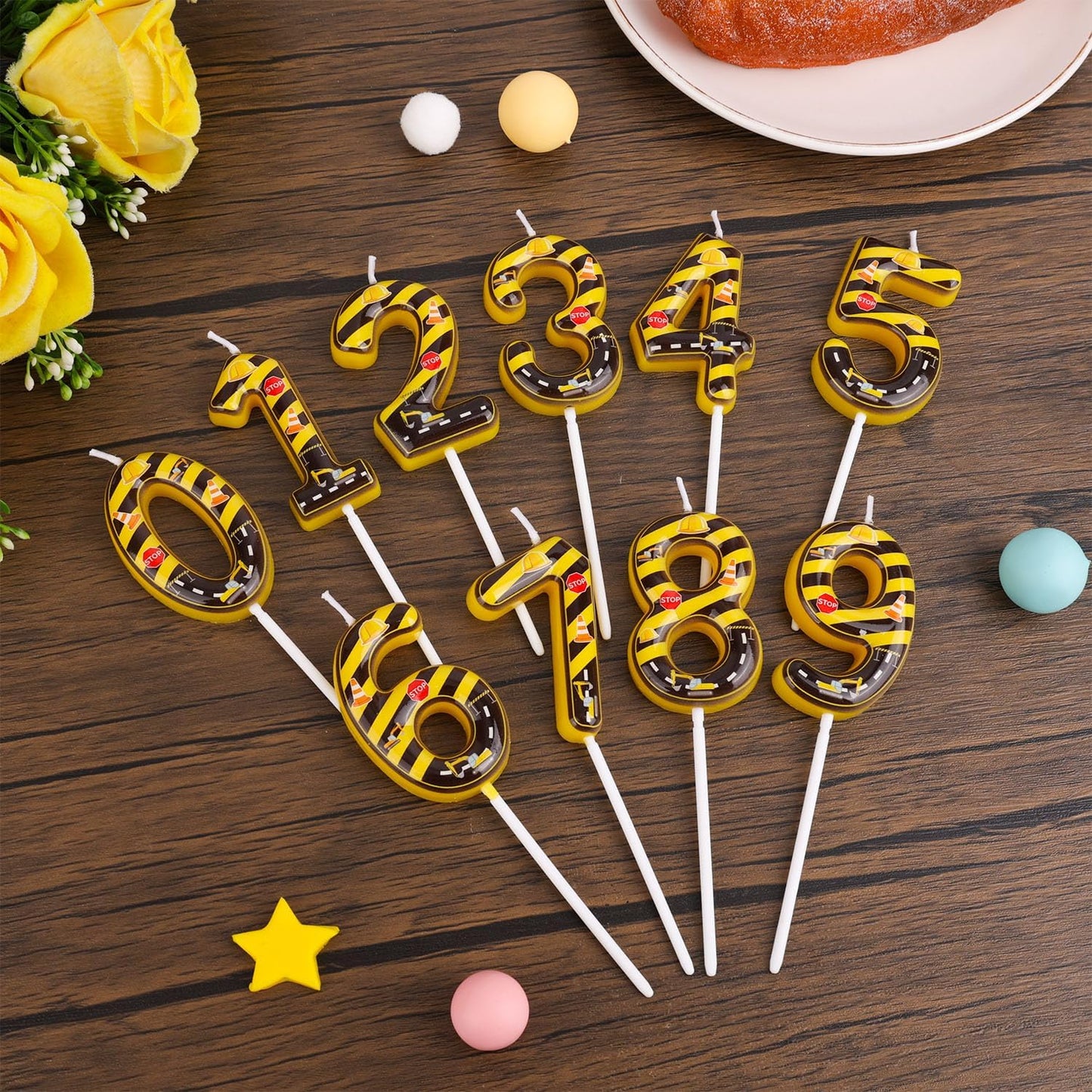 Construction Birthday Number Candles, Yellow & Black Striped Cake Topper Building Theme Party Decorations for Graduation Anniversary Celebration (Number 4)