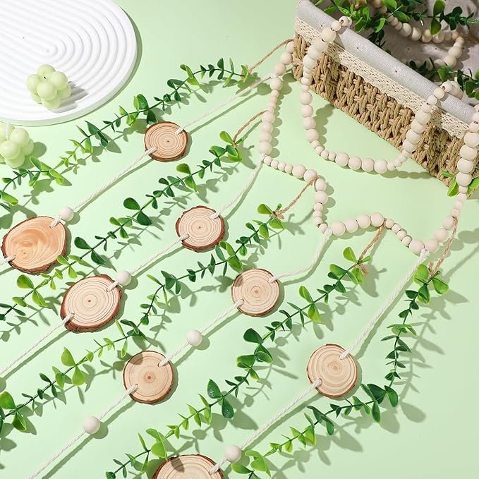 Jetec Hanging Eucalyptus Boho Wall Decor 36 x 36 Inch Boho Wall Hanging Wooden Bead Garland Artificial Greenery Leaves Stems Eucalyptus Garland for Bedroom Living Room Greenery Decoration