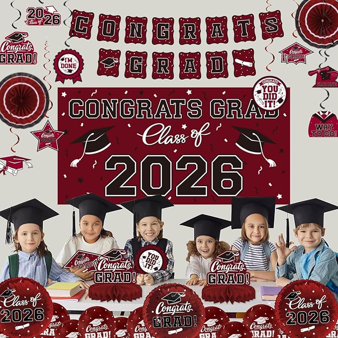 Maroon Themed 2026 Graduation Decorations Set - Congrats Grad Banner, Class of 2026 Backdrop, Balloons & Streamers Kit - Complete Party Supplies for High School & College Celebrations