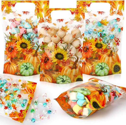 Blosssound 50 Pcs Thanksgiving Gift Bags Resealable Fall Goodie Bags Pumpkin Plastic Pouches Maple Leaf Sealing Pouches with Handles for Autumn Harvest Party Gift Wrapping Supplies Decor (Maple Leaf)