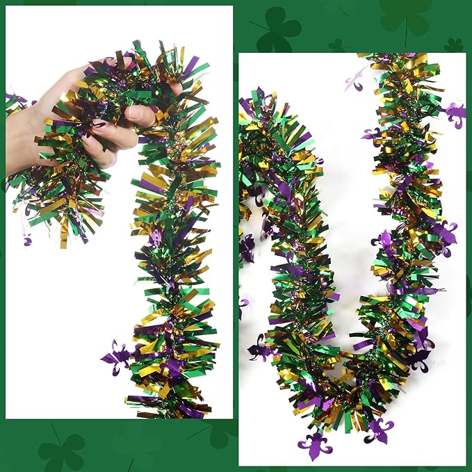50 Feet Mardi Gras Tinsel Garland Gold Green Purple Mardi Gras Christmas Tree Tinsel Garland Metallic Twisted Hanging for Oktoberfest Birthday Party Decoration, A