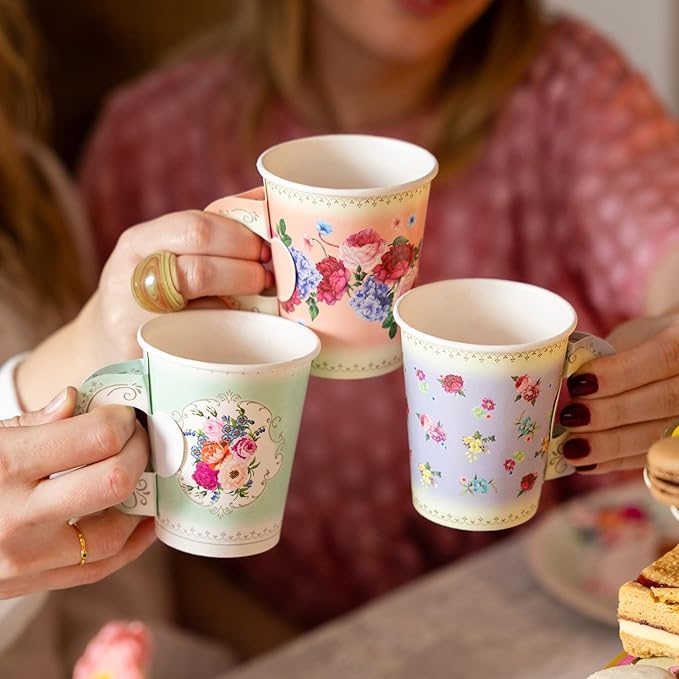 Talking Tables 50pcs Floral Afternoon Tea Party Decorations Tea Party Set Pretty Paper Plates Floral Napkins Tea cups Bunting for Birthday Mother's Day Bridal Shower Baby Shower for 16 Guests