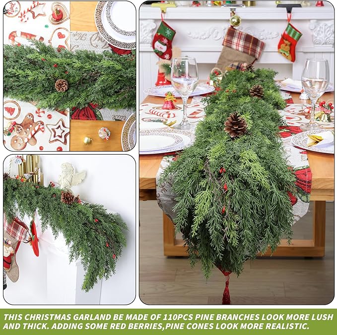1 Pack 6FT Real Touch Christmas Garland with Pine Cone Artificial Realistic Faux Green Cedar Pine Garland,Thick and Lush, Lifelike Cedar Garland for Fireplace Indoor Outdoor Holiday Party Decoration