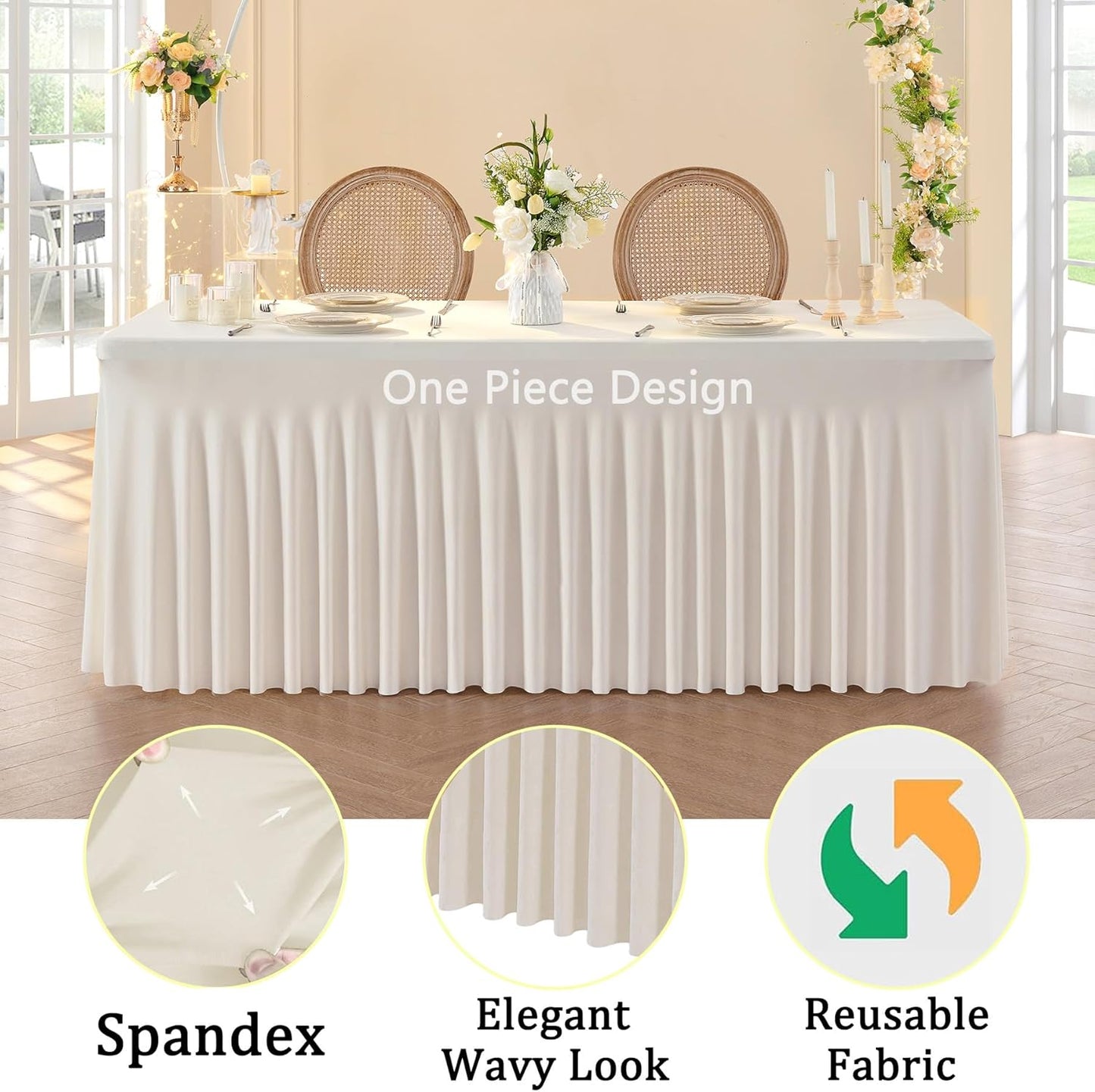 4pk Spandex Ivory Tablecloths for 6 Foot Rectangle Tables, Stretch Table Cloth 6ft Fitted Tablecover Skirt for Parties Weddings Birthday Banquet Baby Shower