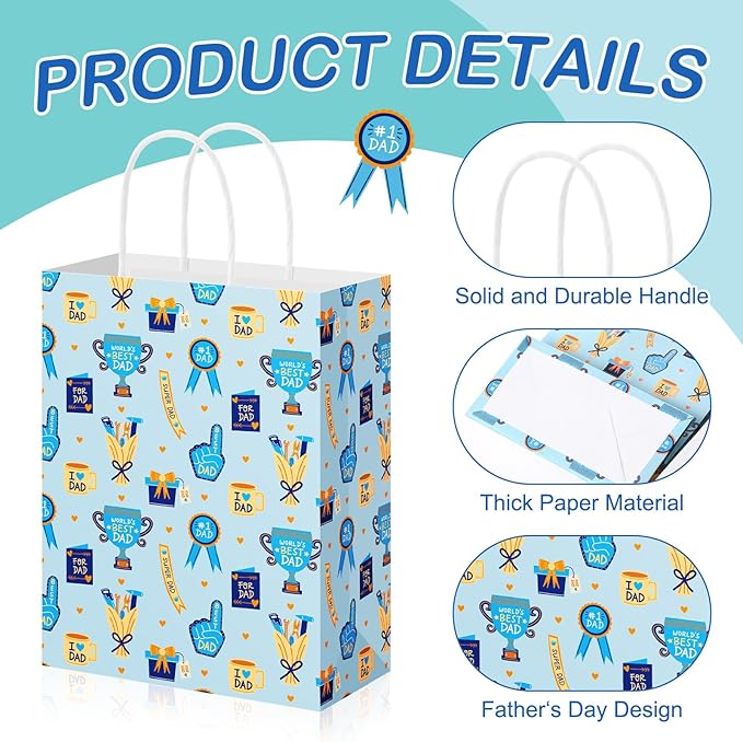 Gilprop 48 Pcs Father's Day Gift Bags Bulk Dad Party Supplies, 8 Inch Happy Father's Day Paper Treat Goodie Bags with Handle, Dad Ever Gifts Favors for Him Birthday Anniversary