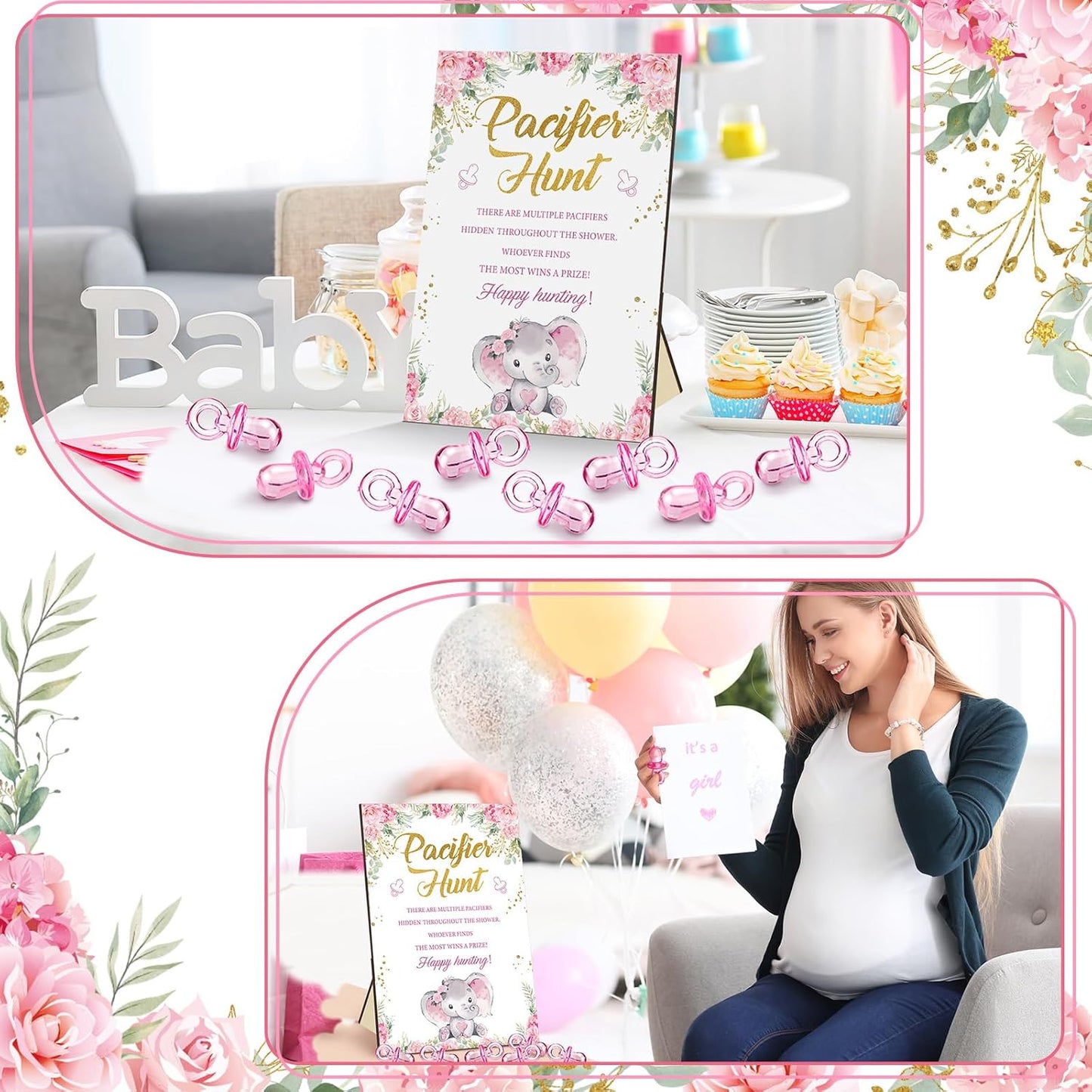 Thyle 51 Pcs Pacifier Hunt Baby Shower Games Include Hunt Sign and 50 Acrylic Pacifiers for Baby Shower Game Decoration Gift Sets Gender Reveal Party Decor(Pink Elephant)