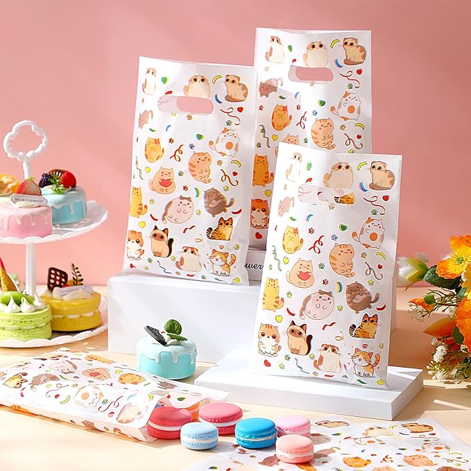Supervitae 100 Pcs Cat Party Favor Bags Cute Kitten Plastic Goodies Bags Bulk with Handles for Cat Themed Birthday Animals Pet Paw Snacks Cookies Candy Treat Decoration Supplies