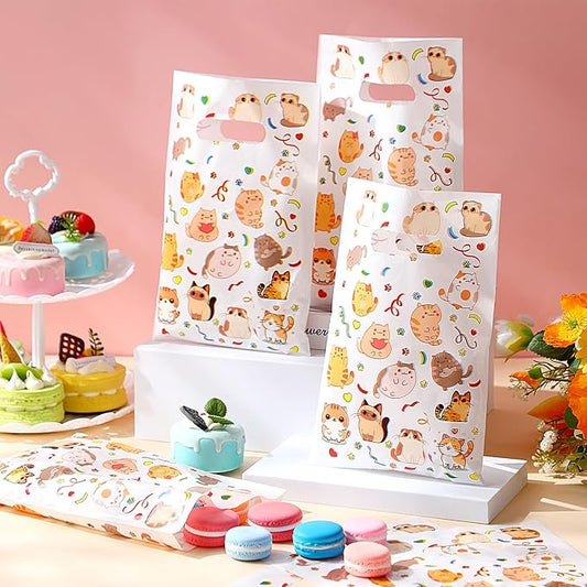 Supervitae 100 Pcs Cat Party Favor Bags Cute Kitten Plastic Goodies Bags Bulk with Handles for Cat Themed Birthday Animals Pet Paw Snacks Cookies Candy Treat Decoration Supplies