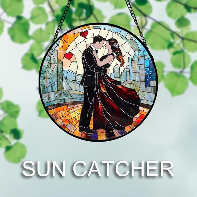 Stained Glass Window Hanging Couples Embracing Red Heart 9.8" - Suncatcher Door Garden Sun Catcher Decor Birthday Anniversary Valentines Day Gifts for Woman Wife Men Her Him Lovers