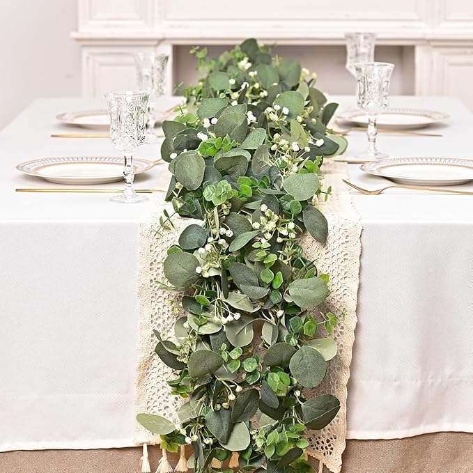 Dolicer 6 Packs 6FT Artificial Eucalyptus Garland, Faux Greenery Garland Fake Vines Hanging Silver Dollar Eucalyptus Leaves for Wedding Backdrop Arch Table Wall Party Home Decor