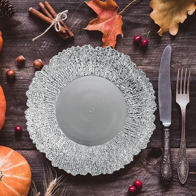 Coloch Set of 12 Plastic Charger Plates, 13" Reusable Reef Serving Chargers for Dinner Plate Round Shiny Decorative Charger Plate for Wedding, Catering, Parties, Restaurant, Home Dinner Use (Silver)