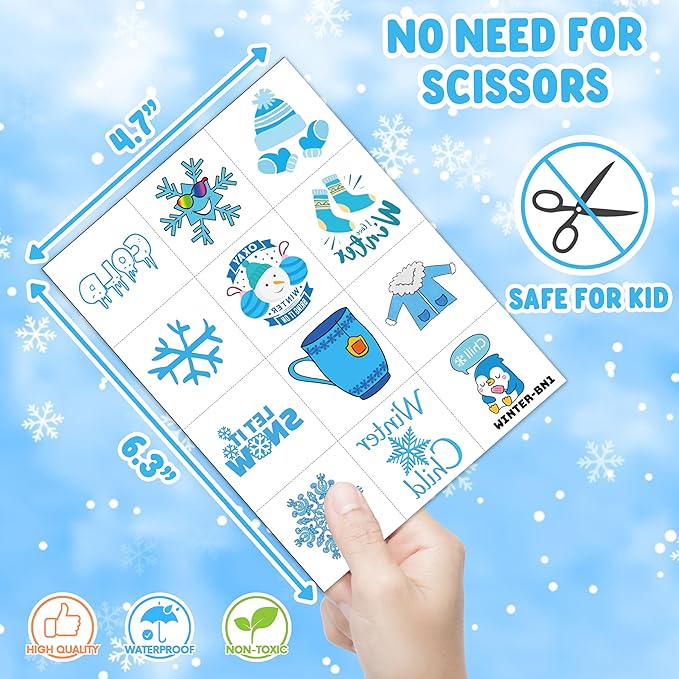 Winter Temporary Tattoos Stickers for Kids – 96PCS Snowflake, Penguin, Snowman, and Reindeer Tattoos for Christmas Birthday Party Favors, Decorations, Supplies Holiday Classroom Prizes Gifts Rewards