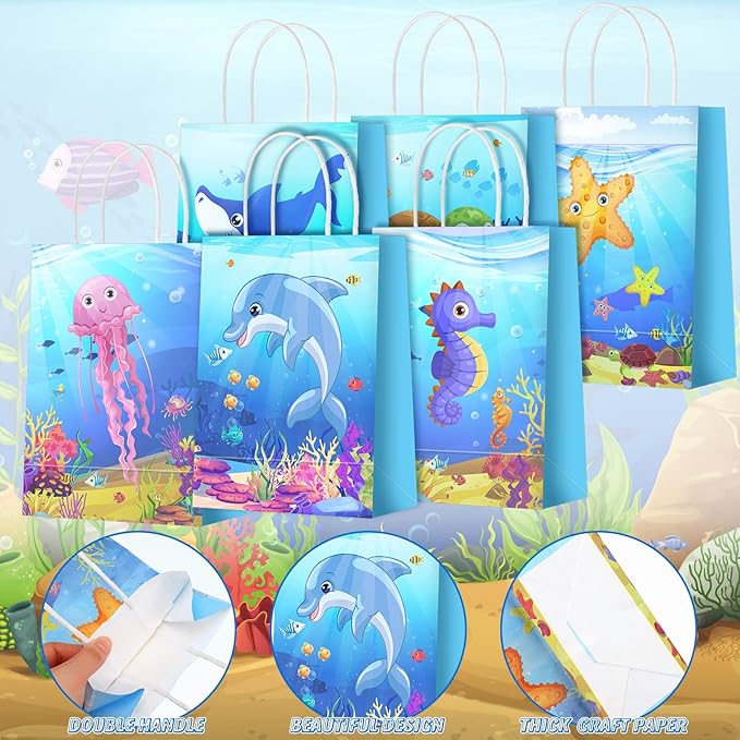 Outus 24 Pcs Under the Sea Party Favor Bags Goodie Ocean Gift Paper Bags with Handles Sea Animal Candy Treat Pouch for Summer Ocean Birthday Party Decorations Baby Shower Supplies