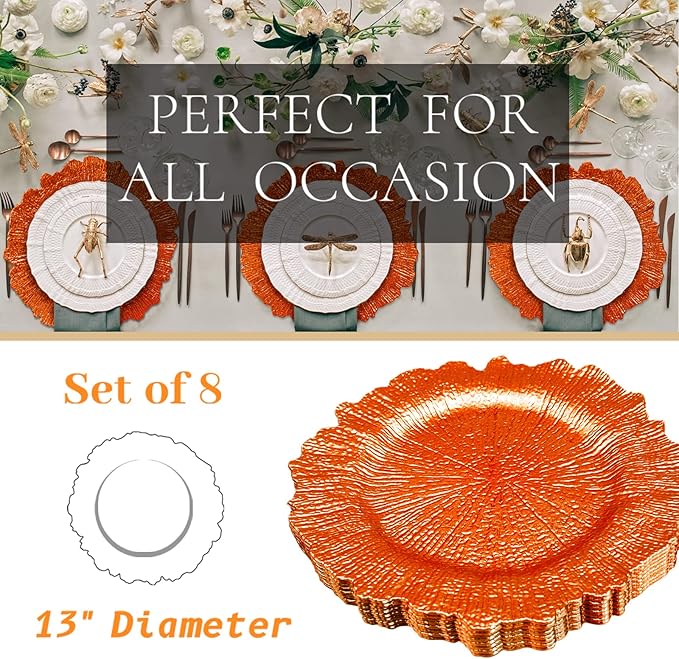 MAONAME 13" Orange Charger Plates, Round Reef Chargers for Dinner Plates, Plastic Plate Chargers for Table Setting, Wedding Decor, Set of 8
