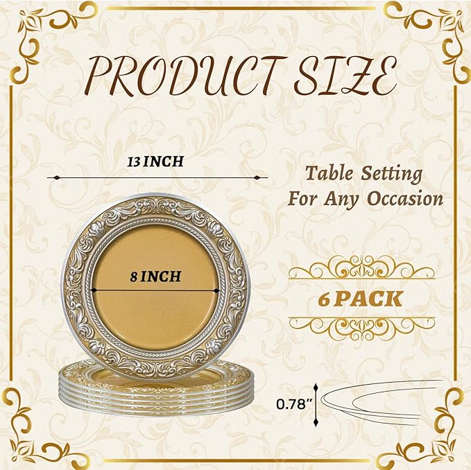 MAONAME 13" Round Charger for Dinner Plates, Gold Plate Chargers Set of 6, Charger Plates with Embossed Rim, Plastic Table Chargers for Wedding