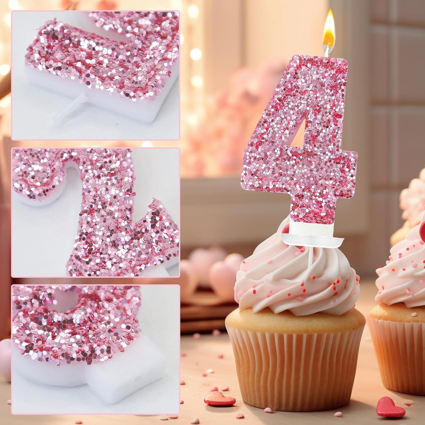 Birthday Number Candles, Glitter Number Candle Cake Decorations with Sequins, Cupcake Decorations for Girls, Women, Party Anniversary Celebrations (Number 4, Pink)