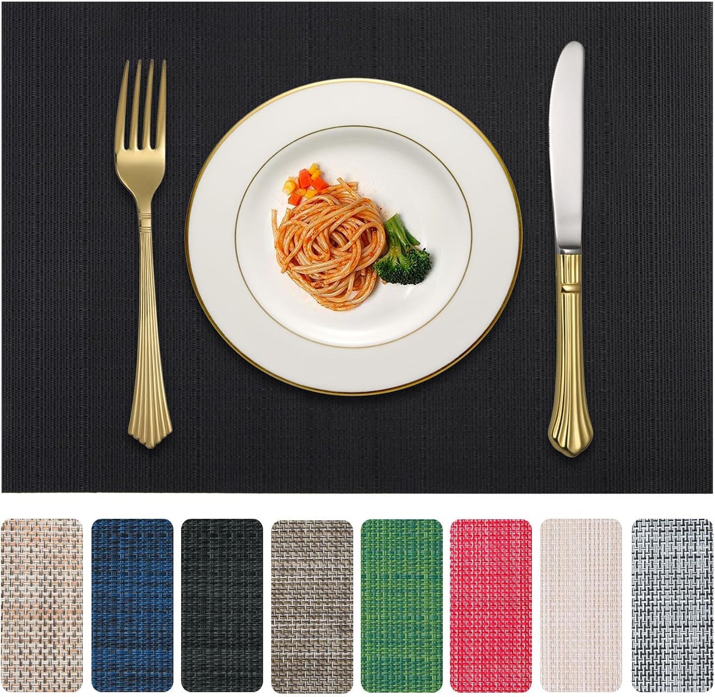Vinyl Placemats Set of 4, PVC Woven Washable Non-Slip Table Mats, Heat Resistant Wrinkle Free Place Mats for Dining Table, Easy to Clean (4, Black)