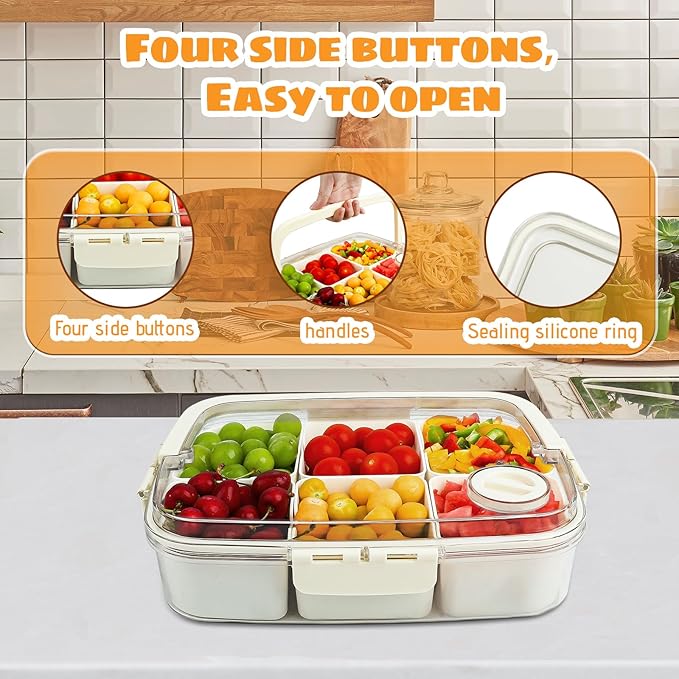 Divided Serving Tray with Lid and Handle, Portable Snackle Box Charcuterie Container,6 Compartments Snack Containers, Veggie Tray Fruit Tray Candy Organizer,Perfect for Party, Beach