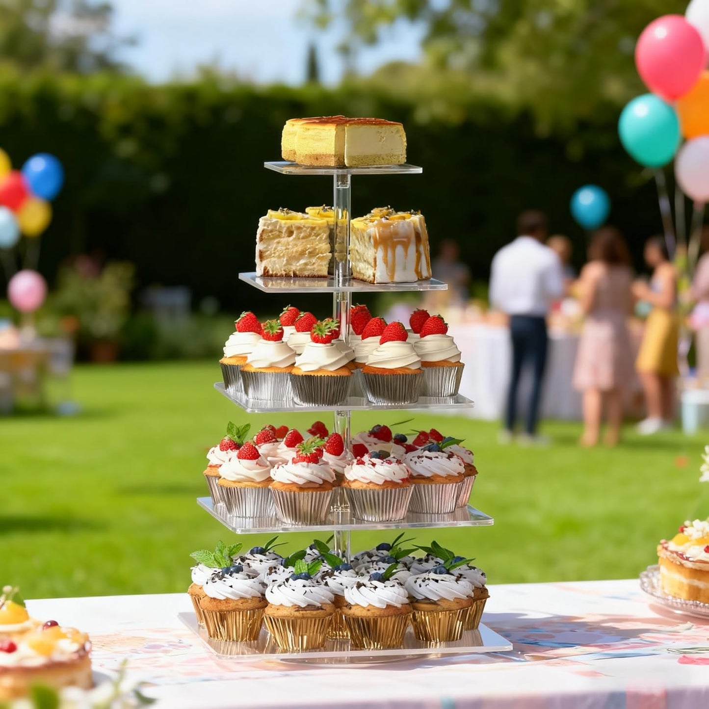 5-Tier Rotating Cupcake Stand, Clear Acrylic 360° Spinning Dessert Display Tower for Cakes & Pastries, Serving Stand for Weddings, Birthdays, Parties - Square
