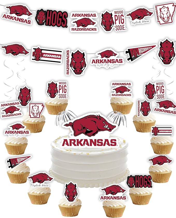 University of Arkansas Party Supplies for Football, Birthday Gift, Graduation Party Banner and Cake Toppers (42 Pieces) (Arkansas Razorbacks)