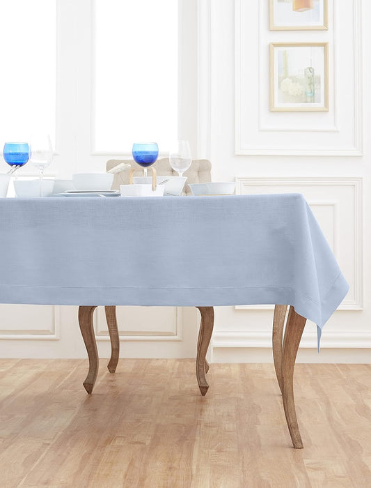 Solino Home Linen Tablecloth for Rectangle Tables 60 x 132 Inch - Classic Hemstitch 100% Pure Linen Sky Blue Table Cloth - Machine Washable Cloth Tablecloth for Christmas