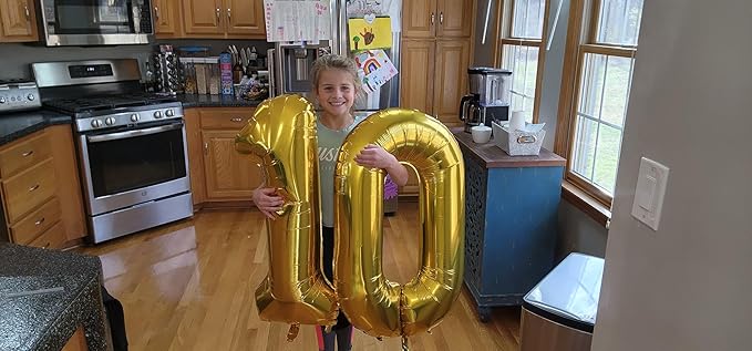 Gold Number 10 Balloon 40 inch, 10 Number Balloons, 10th Gold Birthday Decorations, 10 Year Old Girls Boys Golden Party Supplies