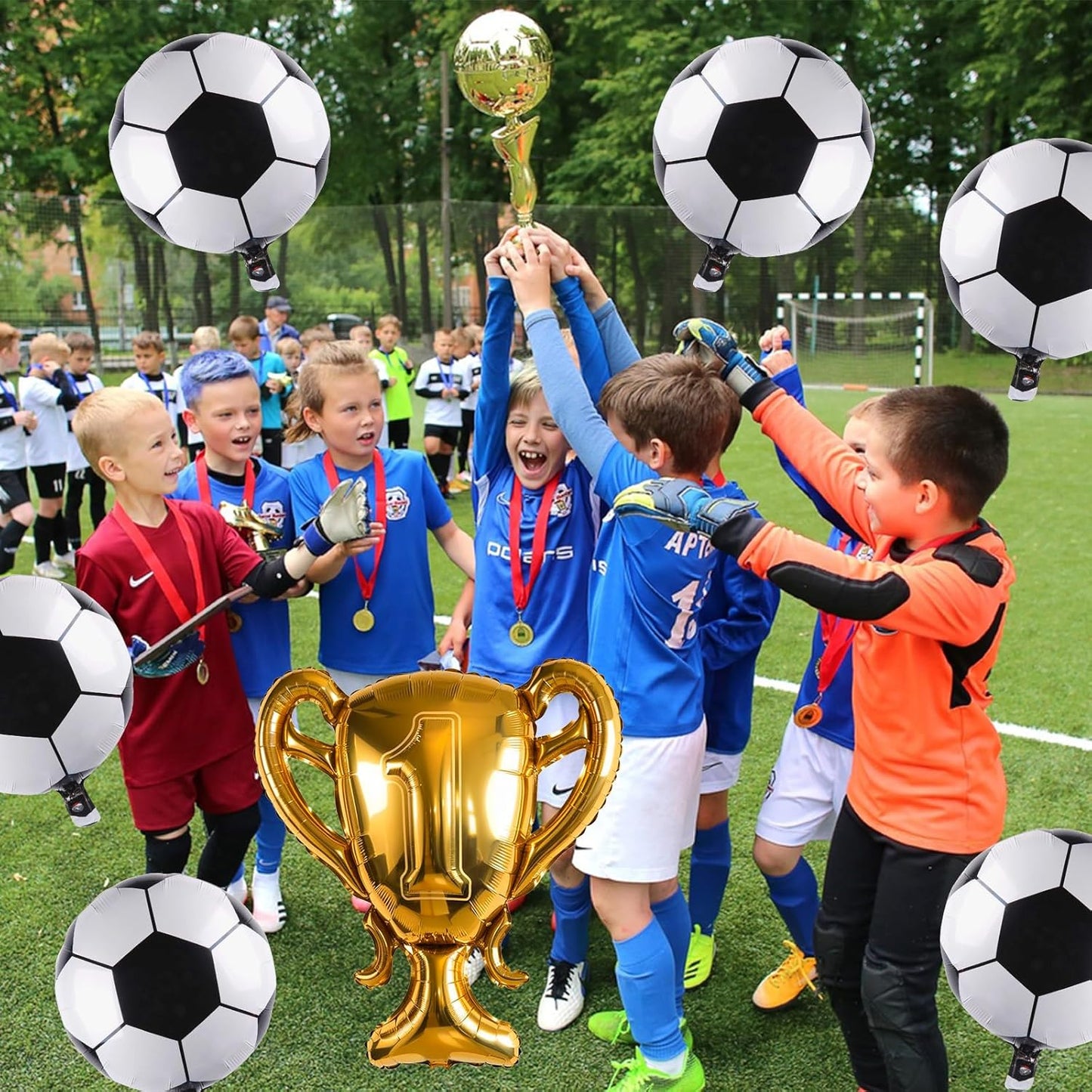 Soccer Party Balloons Set, 32 Inch Champion Trophy Mylar Foil Balloon and 6pcs Football Helium Foil Balloons, Sport Decor for Boys Kids Soccer Ball Fans Birthday Party Decoration Supplies