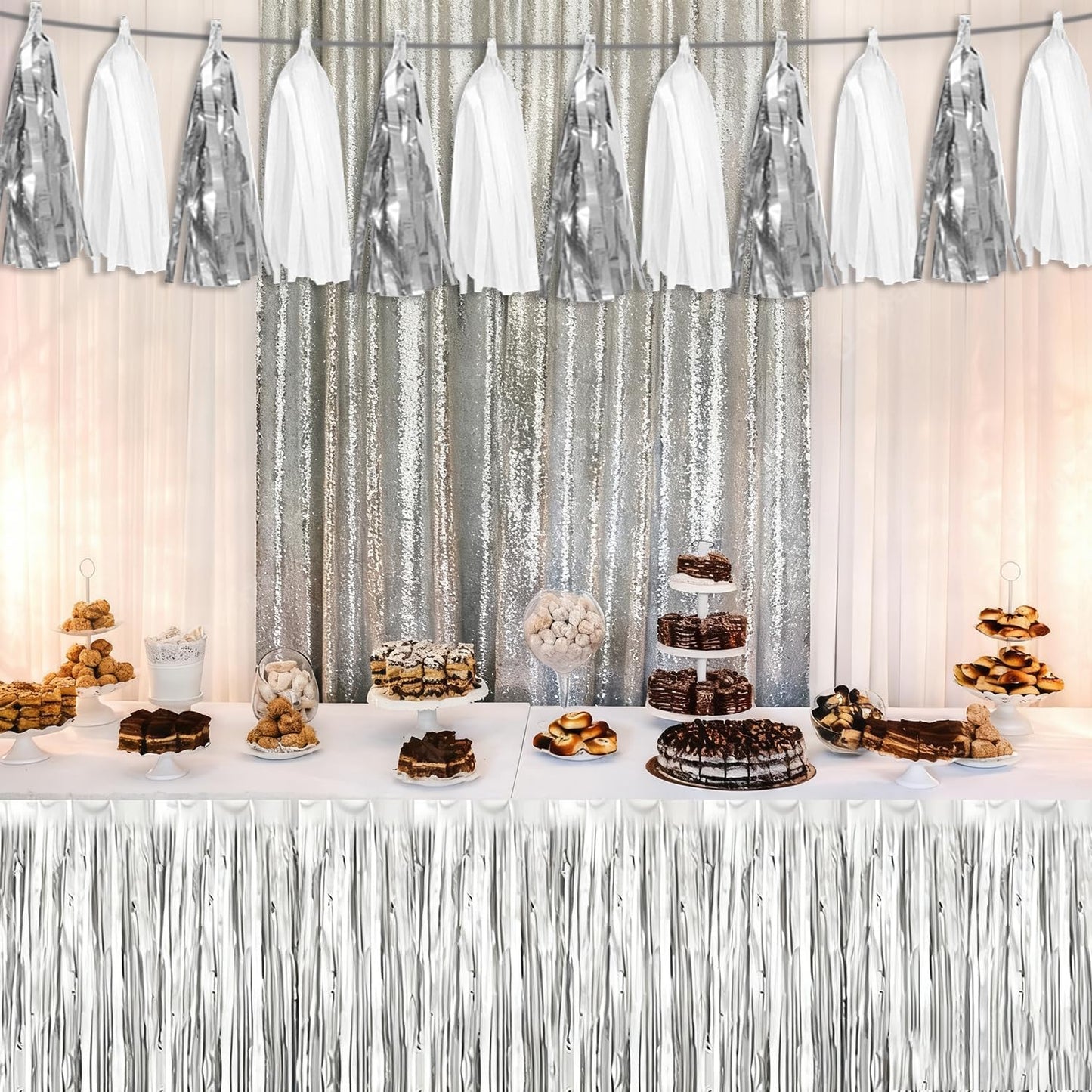 4P White Silver Tassel Banner Garland Metallic Foil Fringe Banner Tinsel Tassels Streamer Banner Backdrop for Parade Floats, Graduation Bridal/Baby Shower Retirement Party Decorations