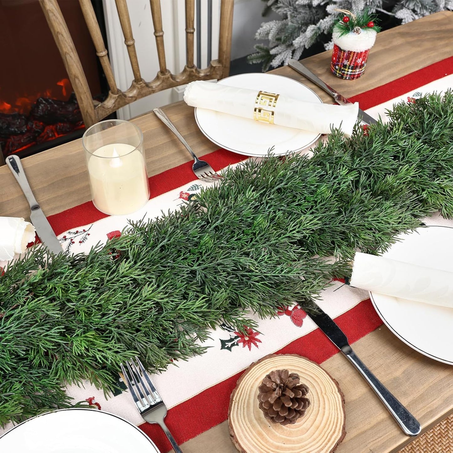 16ft Christmas Cedar Garland, Real Touch Pine Garland, Realistic Cypress Garlands Christmas Decorations for Mantel, Table, Stairs, Porch - Indoor Outdoor Xmas Holiday Decor