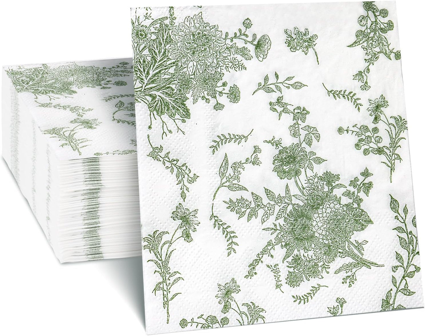 100Pack Sage Green Floral Cocktail Napkins Disposable Wedding Paper Napkin Decorative Green & White Hydrangea Flower Guest Hand Towel Fancy Dinner Napkin for Bridal Baby Shower Birthday Party Supplies